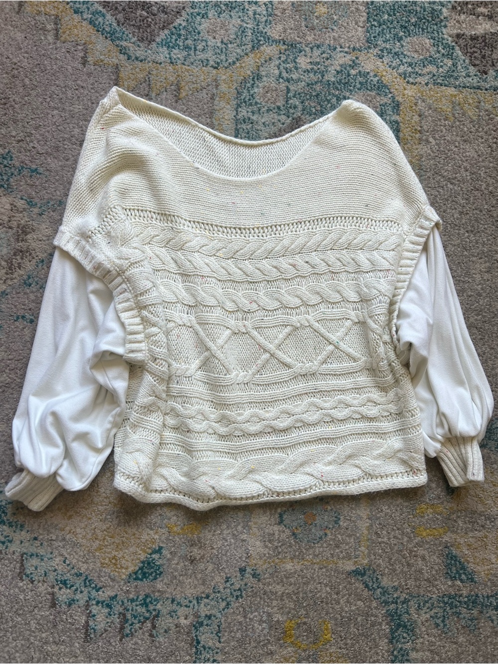 Cable Knit Ivory With Colored Flecks Fleece Sleeves Pullover Wide Neck Sweater